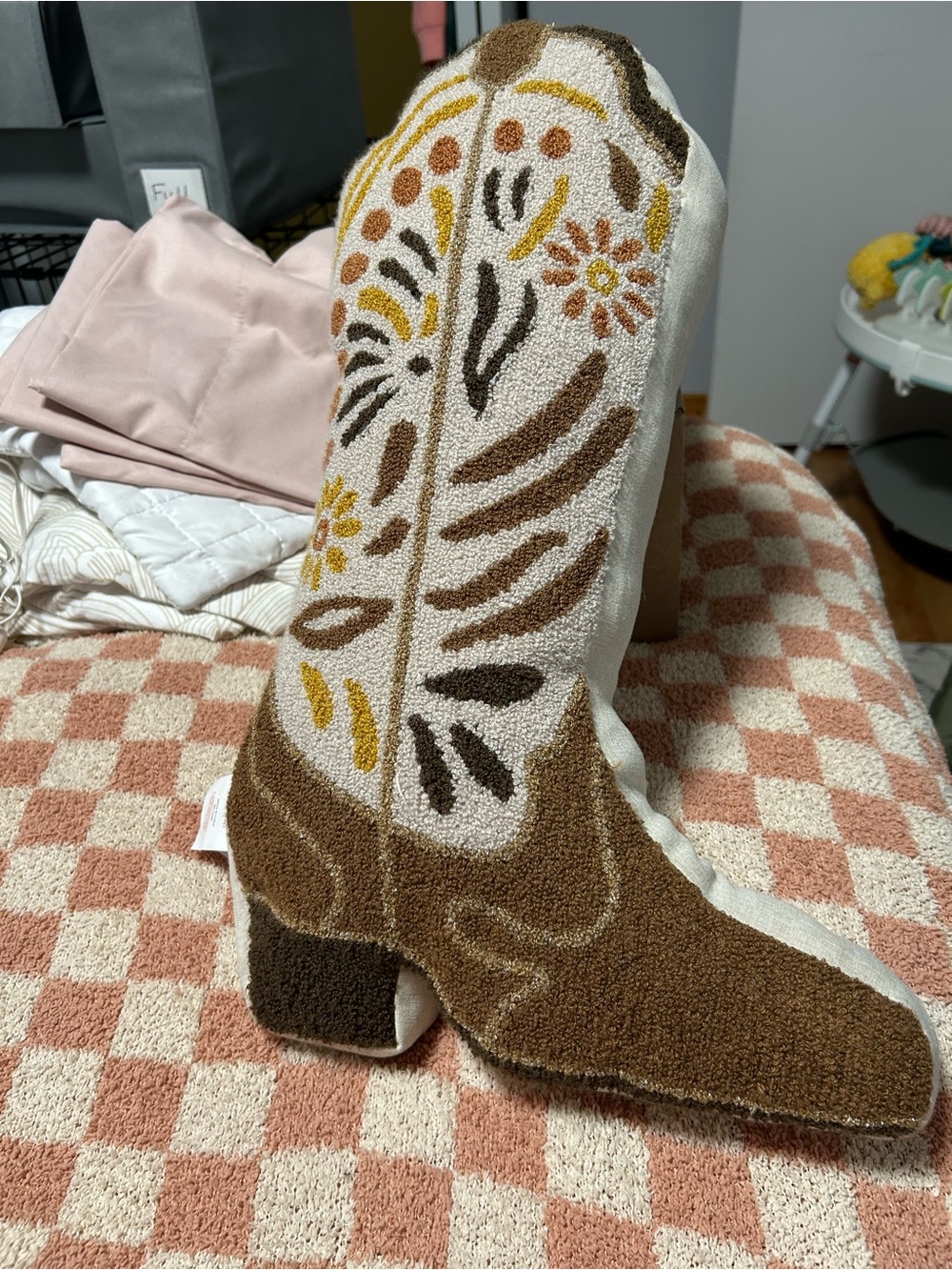 Cowboy Boot Decorative Pillow - Brown and Cream
